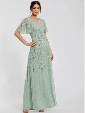 Mac Duggal Green/ Sage Beaded Wrap Over Butterfly Sleeve Column Gown Size 4